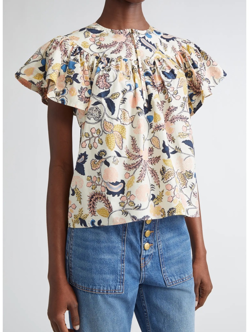 Ulla Johnson Perline Printed Cream Floral Flutter-Sleeve Cotton Blouse